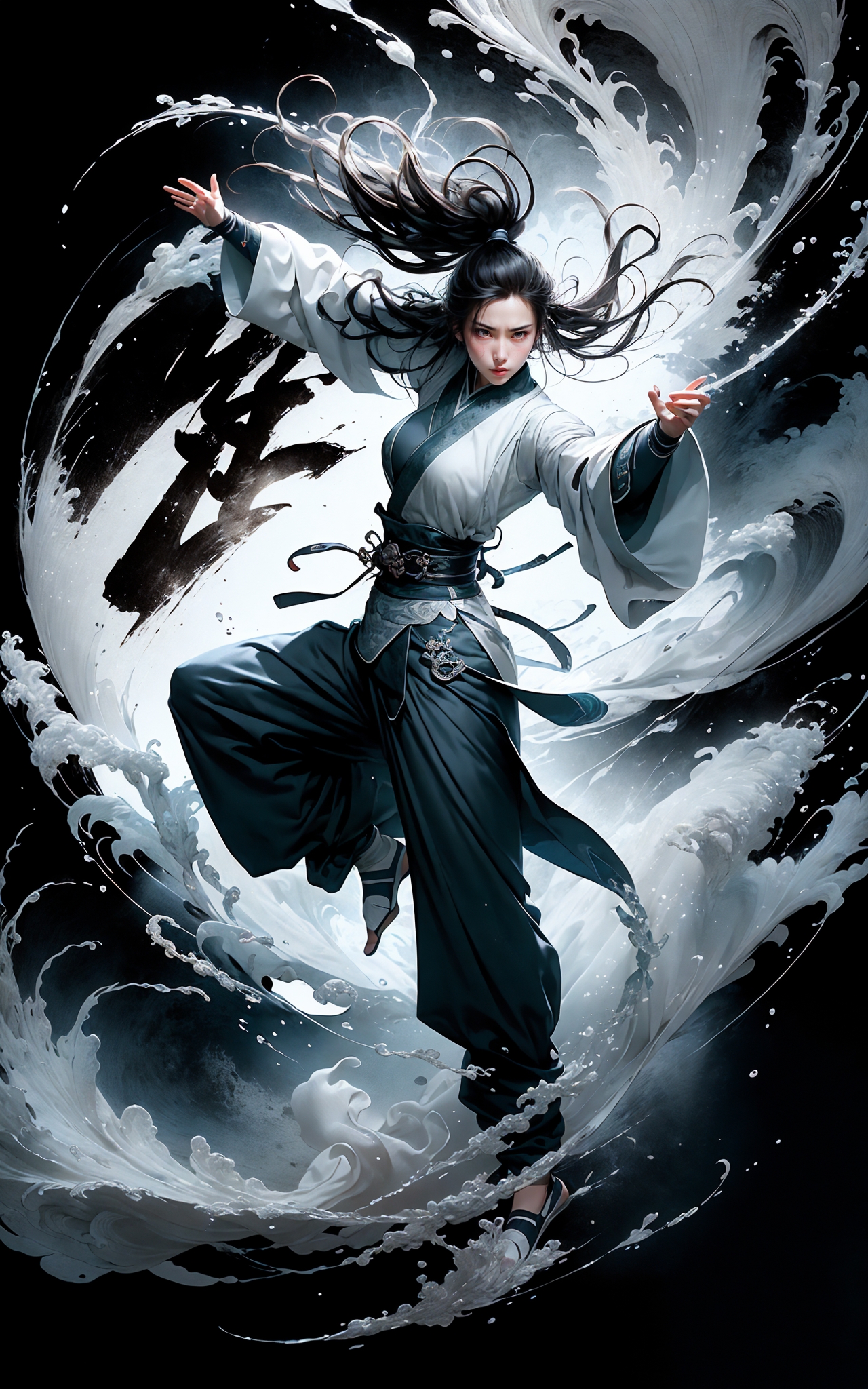 606247209521969549-3491110915-martial, 1girl, solo, simple background, outstretched arm，Jumping，_ustration style, Chinese martial arts war scenes, chinese ink.jpg